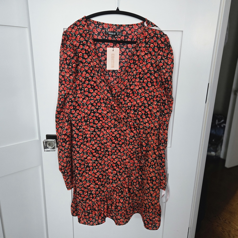 NWT Missguided Floral Faux Wrap Dress, Size 12, Ruffled Skirt, Puff Shoulders
